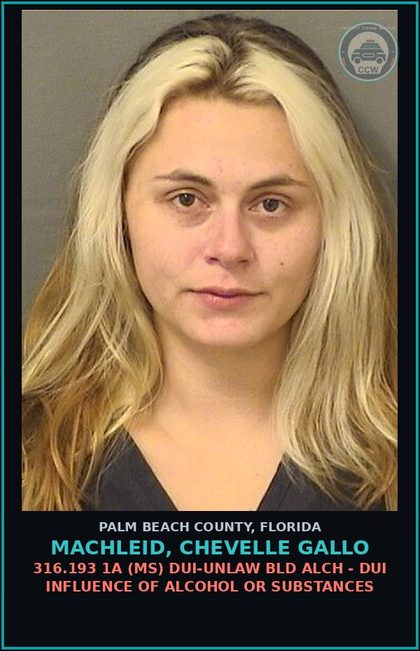 CCW arrest card for MACHLEID, CHEVELLE GALLO in Palm Beach County: 316.193 1A (MS) DUI-UNLAW BLD ALCH - DUI INFLUENCE OF ALCOHOL OR DRUGS