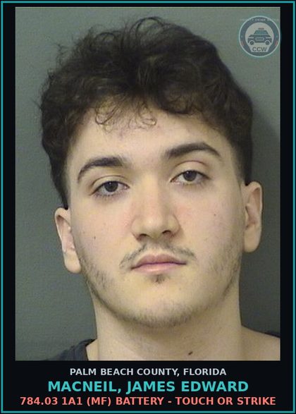 CCW arrest card for MACNEIL, JAMES EDWARD in Palm Beach County: 784.03 1A1 (MF) BATTERY - TOUCH OR STRIKE