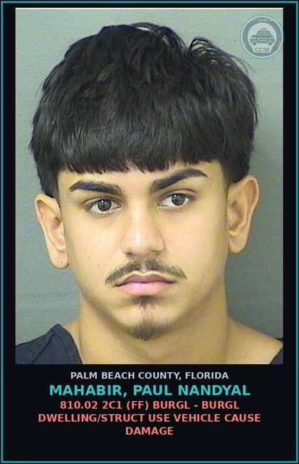 CCW arrest card for MAHABIR, PAUL NANDYAL in Palm Beach County: 810.02 2C1 (FF) BURGL - BURGL DWELLING/STRUCT USE VEHICLE CAUSE DAMAGE