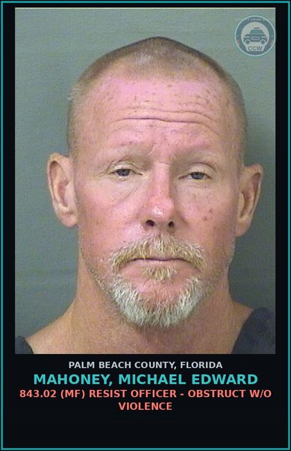 CCW arrest card for MAHONEY, MICHAEL EDWARD in Palm Beach County: 784.011 1 (MS) SIMPLE ASSLT - INTENT THREAT TO DO VIOLENCE