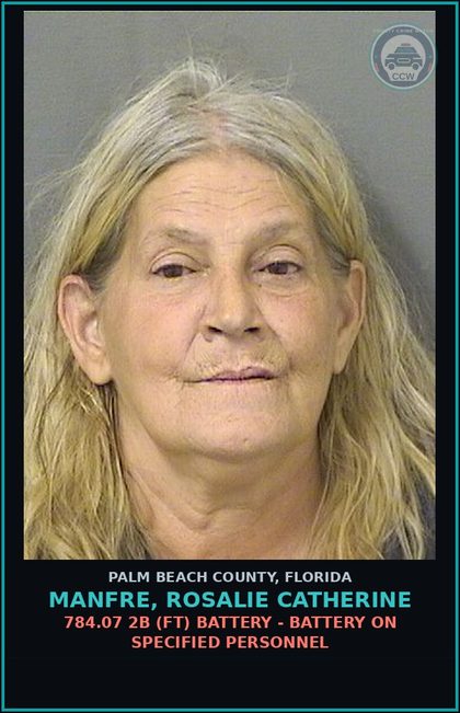 CCW arrest card for MANFRE, ROSALIE CATHERINE in Palm Beach County: 784.07 2B (FT) BATTERY - BATTERY ON SPECIFIED PERSONNEL