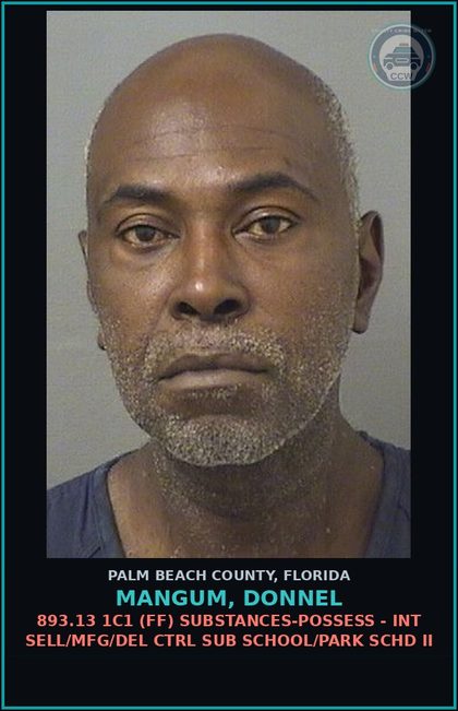CCW arrest card for MANGUM, DONNEL in Palm Beach County: 893.13 1C1 (FF) DRUGS-POSSESS - INT SELL/MFG/DEL CTRL SUB SCHOOL/PARK SCHD II