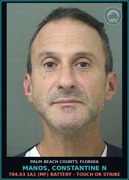 CCW arrest card for MANOS, CONSTANTINE N in Palm Beach County: 784.03 1A1 (MF) BATTERY - TOUCH OR STRIKE
