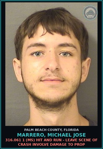 CCW arrest card for MARRERO, MICHAEL JOSE in Palm Beach County: 316.061 1 (MS) HIT AND RUN - LEAVE SCENE OF CRASH INVOLVE DAMAGE TO PROP