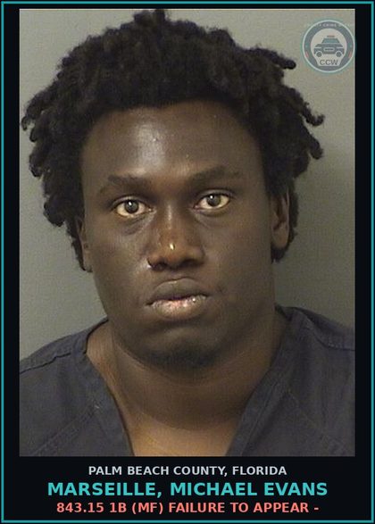 CCW arrest card for MARSEILLE, MICHAEL EVANS in Palm Beach County: 843.15 1B (MF) FAILURE TO APPEAR -