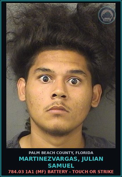 CCW arrest card for MARTINEZVARGAS, JULIAN SAMUEL in Palm Beach County: 784.03 1A1 (MF) BATTERY - TOUCH OR STRIKE