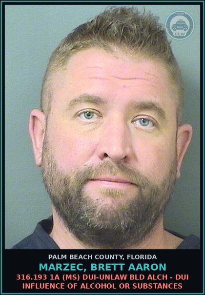 CCW arrest card for MARZEC, BRETT AARON in Palm Beach County: 316.193 1A (MS) DUI-UNLAW BLD ALCH - DUI INFLUENCE OF ALCOHOL OR DRUGS