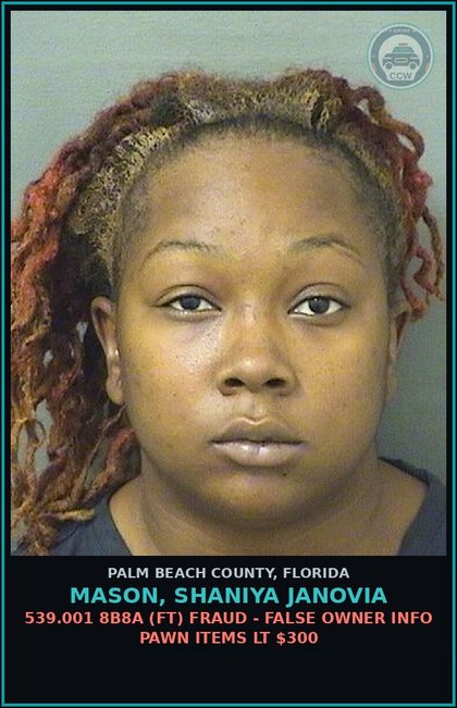 CCW arrest card for MASON, SHANIYA JANOVIA in Palm Beach County: 812.019 1 (FS) STOLEN PROP-DEAL IN - DEALING TRAFFIC STOLEN PROPERTY