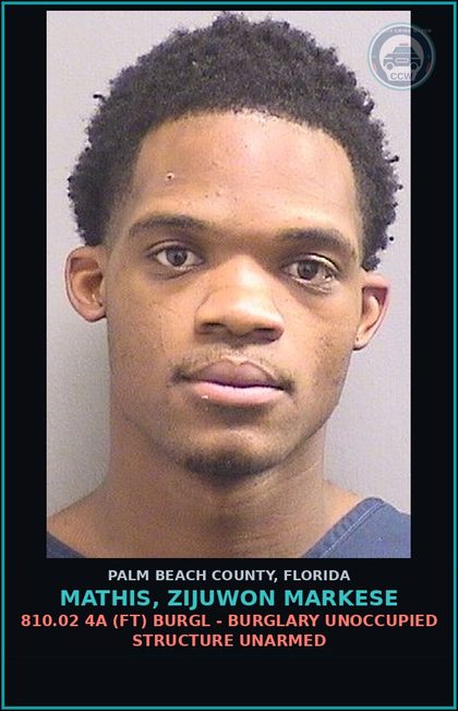 CCW arrest card for MATHIS, ZIJUWON MARKESE in Palm Beach County: 812.014 2B1 (FS) LARC - GRAND THEFT $20,000 OR MORE LESS THAN $100,000