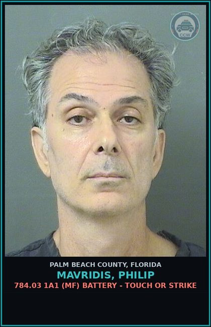 CCW arrest card for MAVRIDIS, PHILIP in Palm Beach County: 784.03 1A1 (MF) BATTERY - TOUCH OR STRIKE