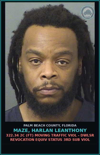 CCW arrest card for MAZE, HARLAN LEANTHONY in Palm Beach County: 322.34 2C (FT) MOVING TRAFFIC VIOL - DWLSR REVOCATION EQUIV STATUS 3RD SUB VIOL
