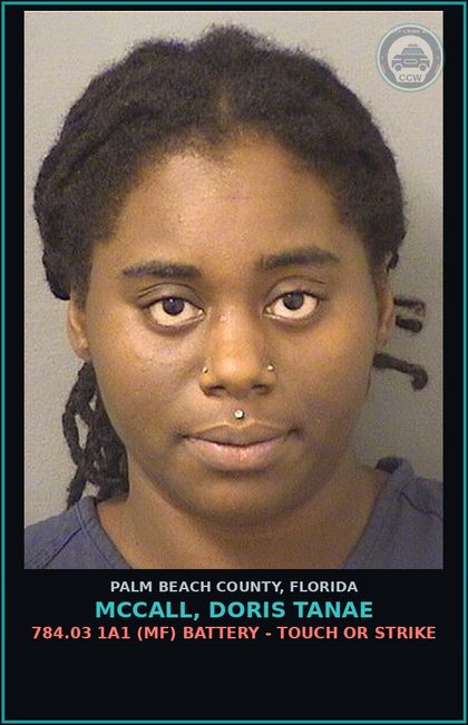 CCW arrest card for MCCALL, DORIS TANAE in Palm Beach County: 784.03 1A1 (MF) BATTERY - TOUCH OR STRIKE