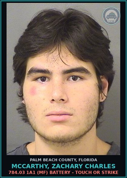 CCW arrest card for MCCARTHY, ZACHARY CHARLES in Palm Beach County: 784.03 1A1 (MF) BATTERY - TOUCH OR STRIKE
