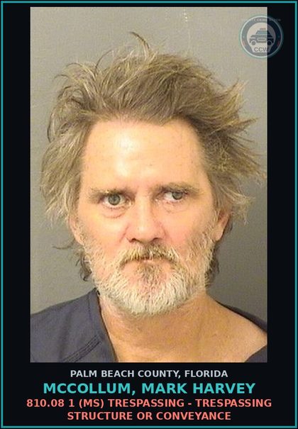 CCW arrest card for MCCOLLUM, MARK HARVEY in Palm Beach County: 810.08 1 (MS) TRESPASSING - TRESPASSING STRUCTURE OR CONVEYANCE