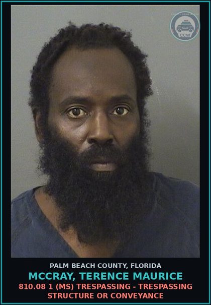 CCW arrest card for MCCRAY, TERENCE MAURICE in Palm Beach County: 810.08 1 (MS) TRESPASSING - TRESPASSING STRUCTURE OR CONVEYANCE