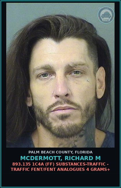 CCW arrest card for MCDERMOTT, RICHARD M in Palm Beach County: 893.135 1C4A (FF) DRUGS-TRAFFIC - TRAFFIC Fent/Fent ANALOGUES 4 GRAMS+
