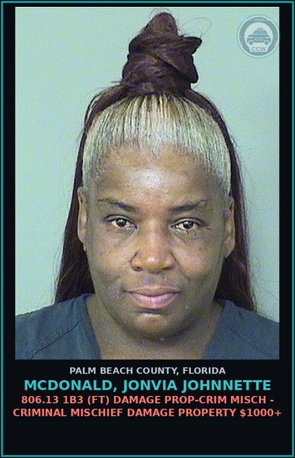 CCW arrest card for MCDONALD, JONVIA JOHNNETTE in Palm Beach County: 806.13 1B3 (FT) DAMAGE PROP-CRIM MISCH - CRIMINAL MISCHIEF DAMAGE PROPERTY $1000+