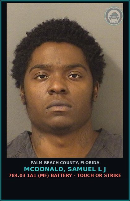 CCW arrest card for MCDONALD, SAMUEL L J in Palm Beach County: 784.03 1A1 (MF) BATTERY - TOUCH OR STRIKE