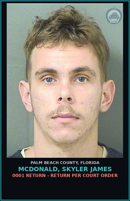 CCW arrest card for MCDONALD, SKYLER JAMES in Palm Beach County: 0001 RETURN - RETURN PER COURT ORDER