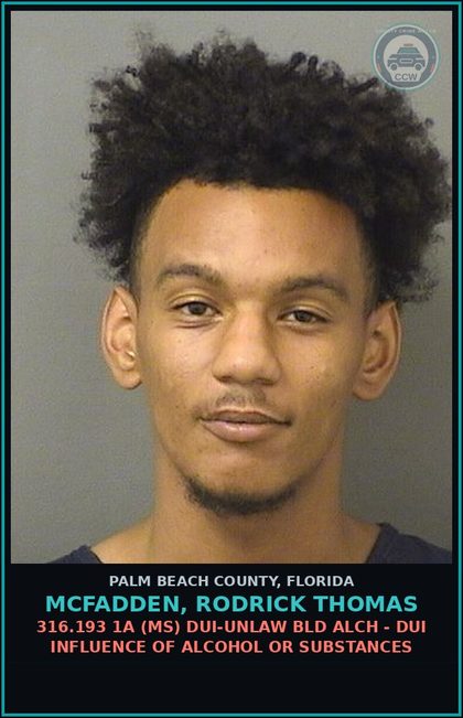CCW arrest card for MCFADDEN, RODRICK THOMAS in Palm Beach County: 316.193 1A (MS) DUI-UNLAW BLD ALCH - DUI INFLUENCE OF ALCOHOL OR DRUGS