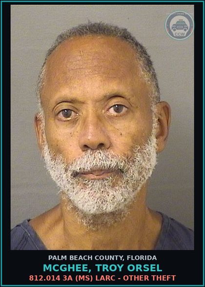 CCW arrest card for MCGHEE, TROY ORSEL in Palm Beach County: 812.014 3A (MS) LARC - OTHER THEFT