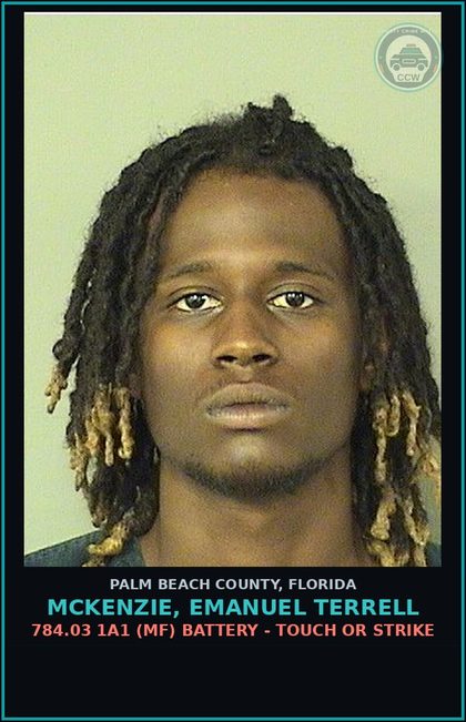CCW arrest card for MCKENZIE, EMANUEL TERRELL in Palm Beach County: 784.03 1A1 (MF) BATTERY - TOUCH OR STRIKE