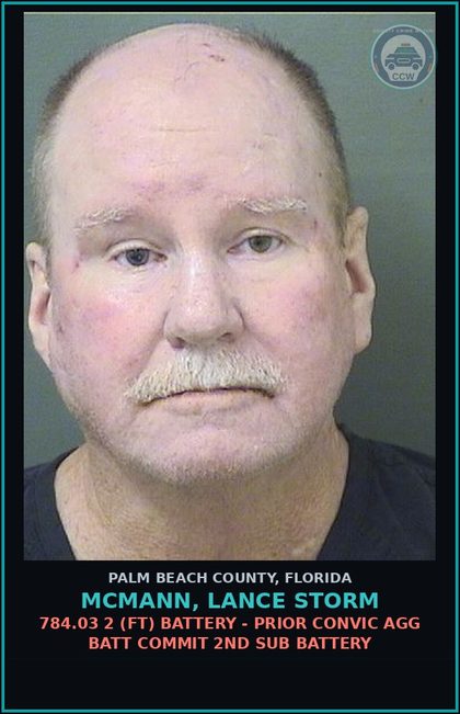 CCW arrest card for MCMANN, LANCE STORM in Palm Beach County: 784.03 2 (FT) BATTERY - PRIOR CONVIC AGG BATT COMMIT 2ND SUB BATTERY