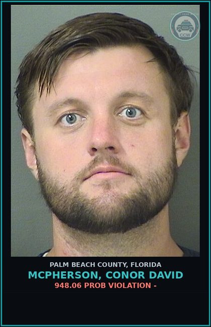 CCW arrest card for MCPHERSON, CONOR DAVID in Palm Beach County: 948.06 PROB VIOLATION -