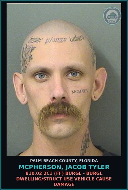 CCW arrest card for MCPHERSON, JACOB TYLER in Palm Beach County: 810.02 2C1 (FF) BURGL - BURGL DWELLING/STRUCT USE VEHICLE CAUSE DAMAGE