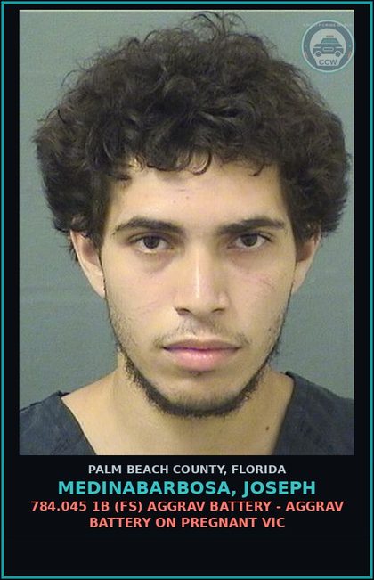 CCW arrest card for MEDINABARBOSA, JOSEPH in Palm Beach County: 784.045 1B (FS) AGGRAV BATTERY - AGGRAV BATTERY ON PREGNANT VICTIM
