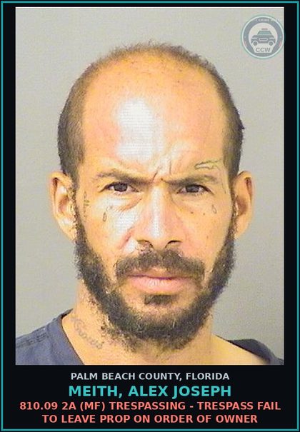 CCW arrest card for MEITH, ALEX JOSEPH in Palm Beach County: 810.09 2A (MF) TRESPASSING - TRESPASS FAIL TO LEAVE PROP ON ORDER OF OWNER