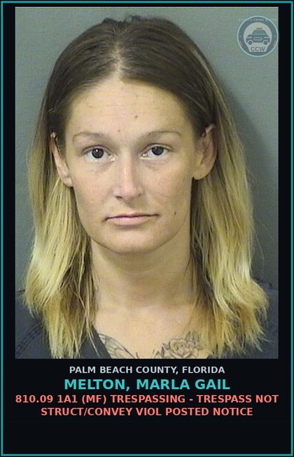 CCW arrest card for MELTON, MARLA GAIL in Palm Beach County: 810.09 1A1 (MF) TRESPASSING - TRESPASS NOT STRUCT/CONVEY VIOL POSTED NOTICE