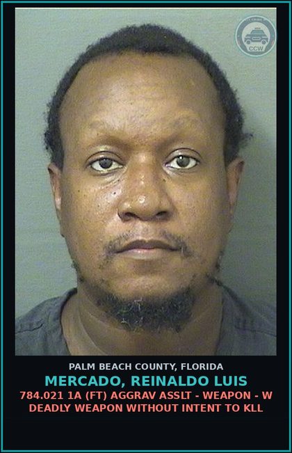 CCW arrest card for MERCADO, REINALDO LUIS in Palm Beach County: 784.021 1A (FT) AGGRAV ASSLT - WEAPON - W DEADLY WEAPON WITHOUT INTENT TO KILL
