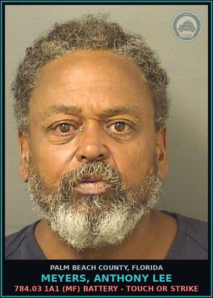 CCW arrest card for MEYERS, ANTHONY LEE in Palm Beach County: 784.03 1A1 (MF) BATTERY - TOUCH OR STRIKE