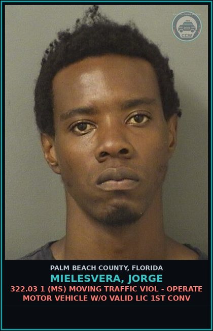 CCW arrest card for MIELESVERA, JORGE in Palm Beach County: 322.03 1 (MS) MOVING TRAFFIC VIOL - OPERATE MOTOR VEHICLE W/O VALID LIC 1ST CONV
