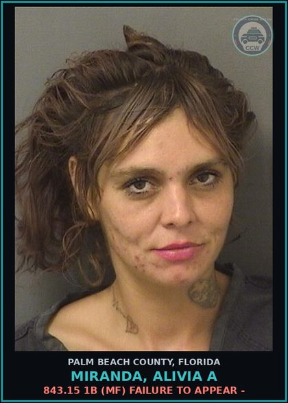 CCW arrest card for MIRANDA, ALIVIA A in Palm Beach County: 843.15 1B (MF) FAILURE TO APPEAR -