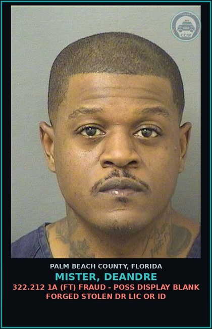 CCW arrest card for MISTER, DEANDRE in Palm Beach County: 893.13 1A1 (FS) DRUGS-POSSESS - POSS INTENT SELL/MFG/DEL CTRL SUB SCHEDULE II