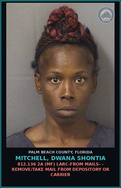 CCW arrest card for MITCHELL, DWANA SHONTIA in Palm Beach County: 812.136 2A (MF) LARC-FROM MAILS- - REMOVE/TAKE MAIL FROM DEPOSITORY OR CARRIER