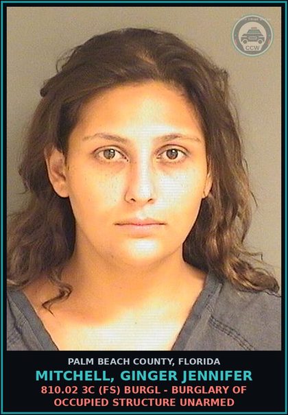 CCW arrest card for MITCHELL, GINGER JENNIFER in Palm Beach County: 812.014 2C1 (FT) LARC - GRAND THEFT PROPERTY VALUE $750-$5K