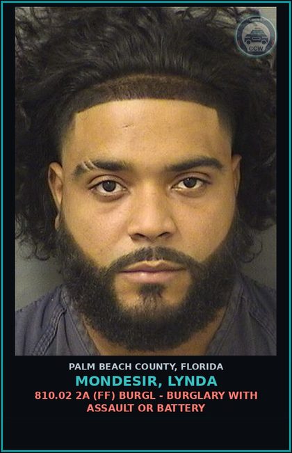 CCW arrest card for MONDESIR, LYNDA in Palm Beach County: 810.02 2A (FF) BURGL - BURGLARY WITH ASSAULT OR BATTERY