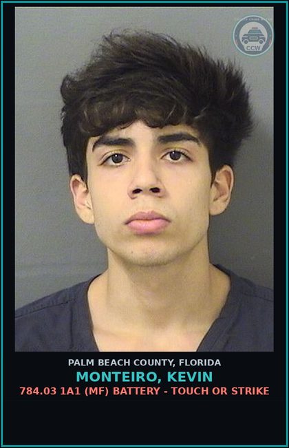 CCW arrest card for MONTEIRO, KEVIN in Palm Beach County: 784.03 1A1 (MF) BATTERY - TOUCH OR STRIKE