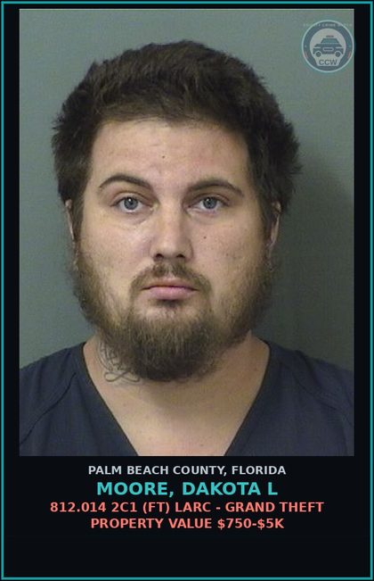 CCW arrest card for MOORE, DAKOTA L in Palm Beach County: 812.014 2C1 (FT) LARC - GRAND THEFT PROPERTY VALUE $750-$5K