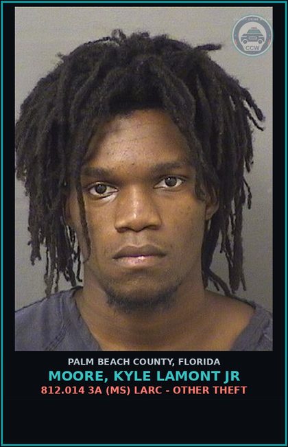 CCW arrest card for MOORE, KYLE LAMONT Jr in Palm Beach County: 812.014 3A (MS) LARC - OTHER THEFT