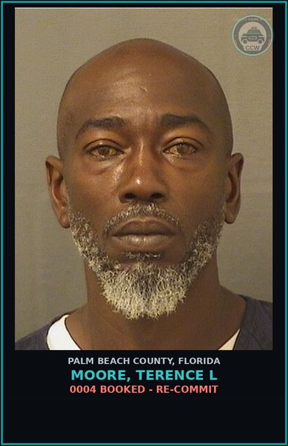 CCW arrest card for MOORE, TERENCE L in Palm Beach County: 0004 BOOKED - RE-COMMIT