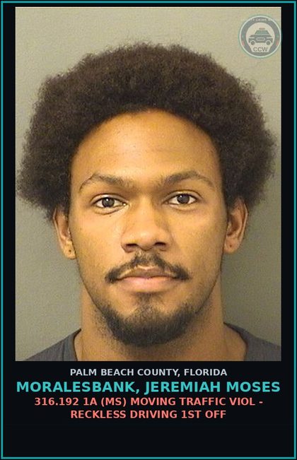 CCW arrest card for MORALESBANK, JEREMIAH MOSES in Palm Beach County: 316.192 1A (MS) MOVING TRAFFIC VIOL - RECKLESS DRIVING 1ST OFF