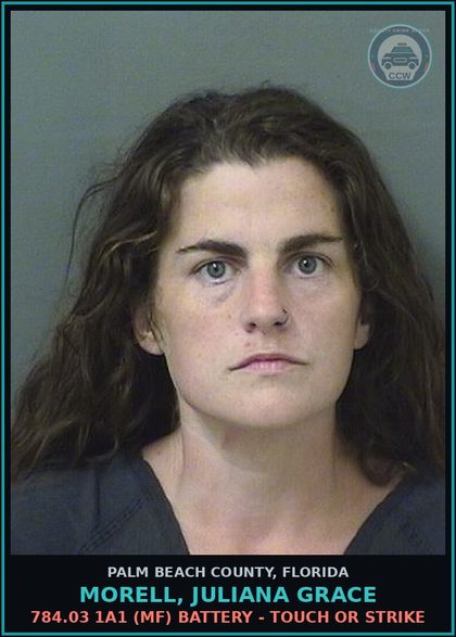 CCW arrest card for MORELL, JULIANA GRACE in Palm Beach County: 784.03 1A1 (MF) BATTERY - TOUCH OR STRIKE