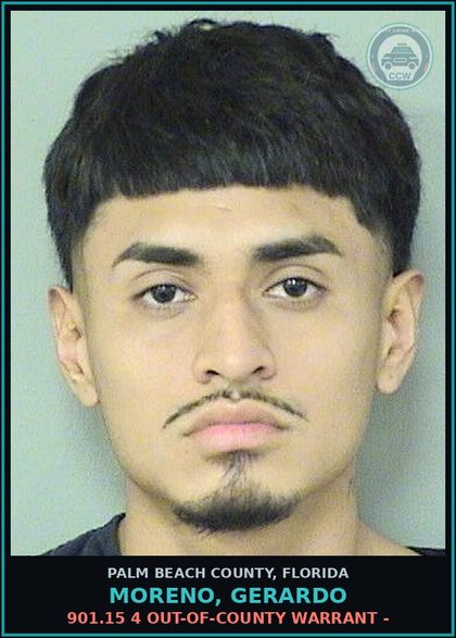 CCW arrest card for MORENO, GERARDO in Palm Beach County: 901.15 4 OUT-OF-COUNTY WARRANT -