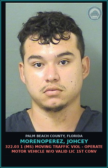 CCW arrest card for MORENOPEREZ, JOHCEY in Palm Beach County: 322.03 1 (MS) MOVING TRAFFIC VIOL - OPERATE MOTOR VEHICLE W/O VALID LIC 1ST CONV