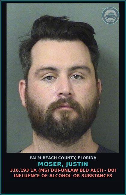 CCW arrest card for MOSER, JUSTIN in Palm Beach County: 316.193 1A (MS) DUI-UNLAW BLD ALCH - DUI INFLUENCE OF ALCOHOL OR DRUGS