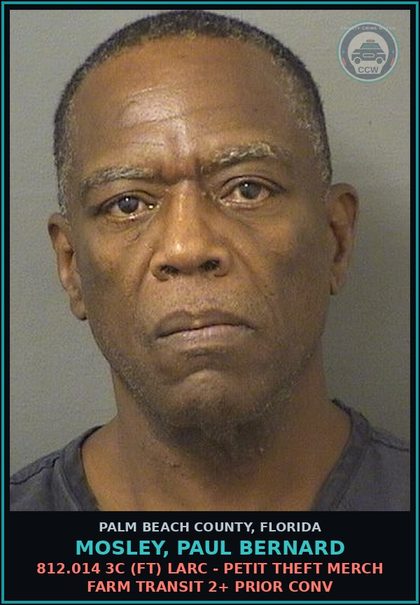 CCW arrest card for MOSLEY, PAUL BERNARD in Palm Beach County: 812.014 3C (FT) LARC - PETIT THEFT MERCH FARM TRANSIT 2+ PRIOR CONV